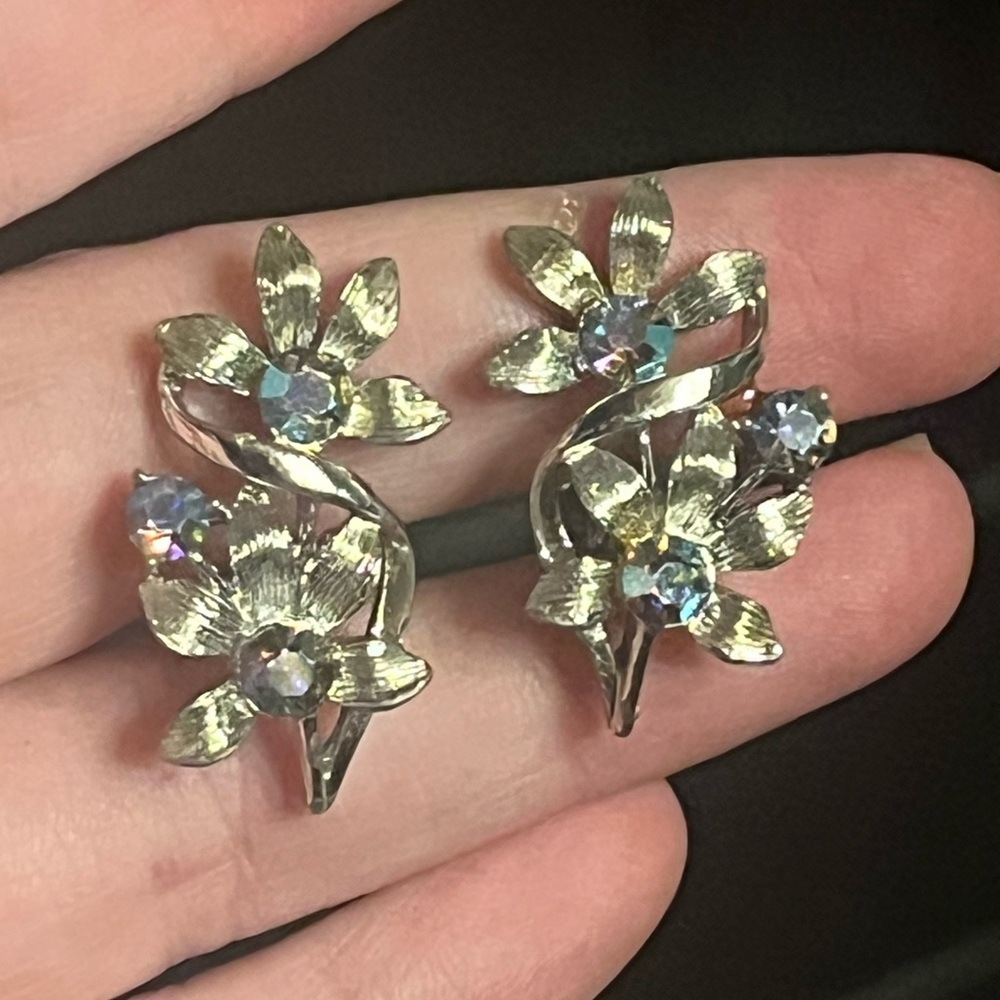 Vintage Coro Silver Floral Earrings with Iridescent Blue Accents AB Stones